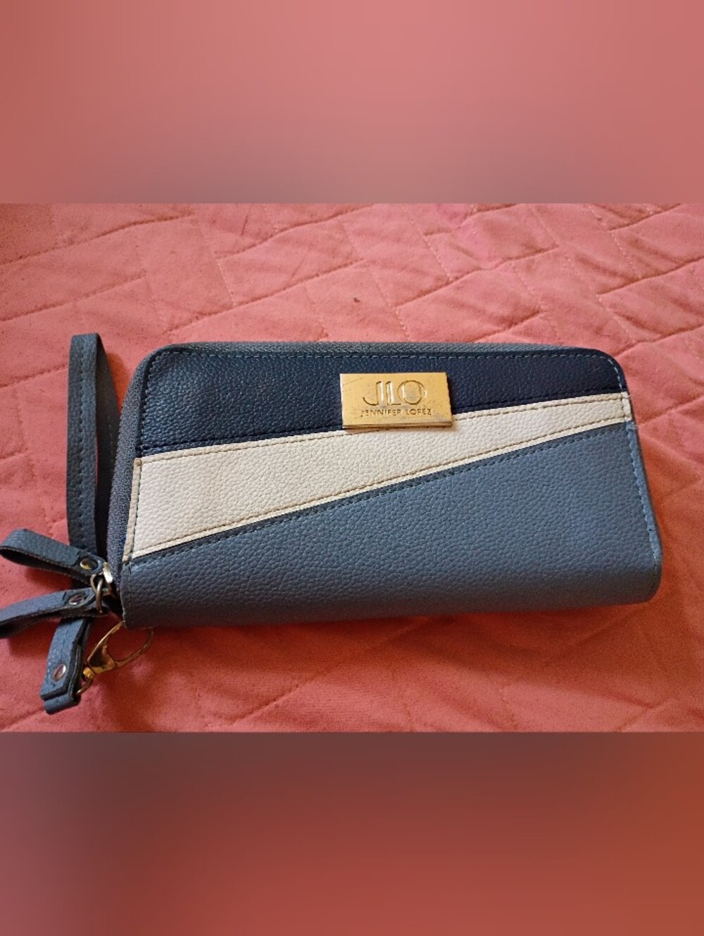 Jennifer Lopez Navy and Cream Colorblock Wallet with Gold JLO Plaque